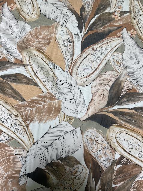 Brown and White Leaf Print | Viscose | Made in Italy