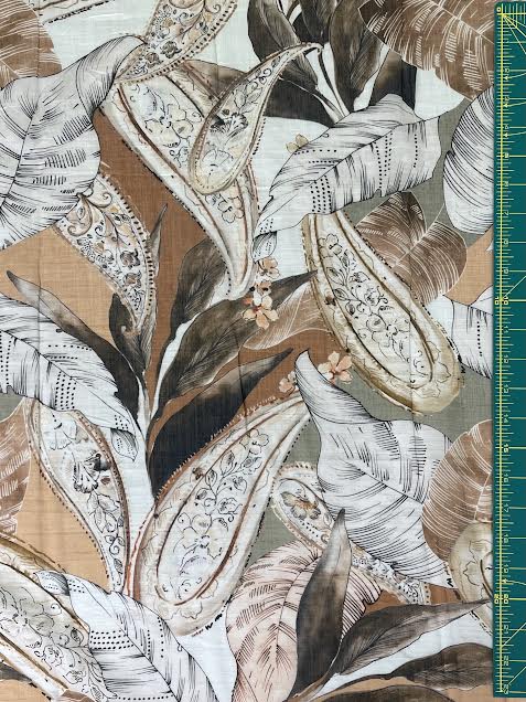 Brown and White Leaf Print | Viscose | Made in Italy