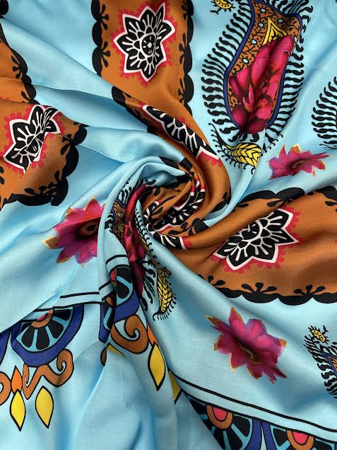 Floral Print with Border on Blue | Viscose | Italian Designer
