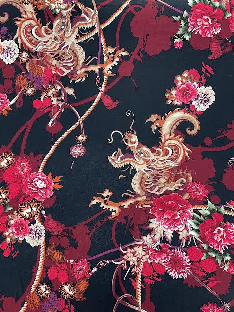 Burgundy Dragon Floral on Black | Viscose | Made in Italy