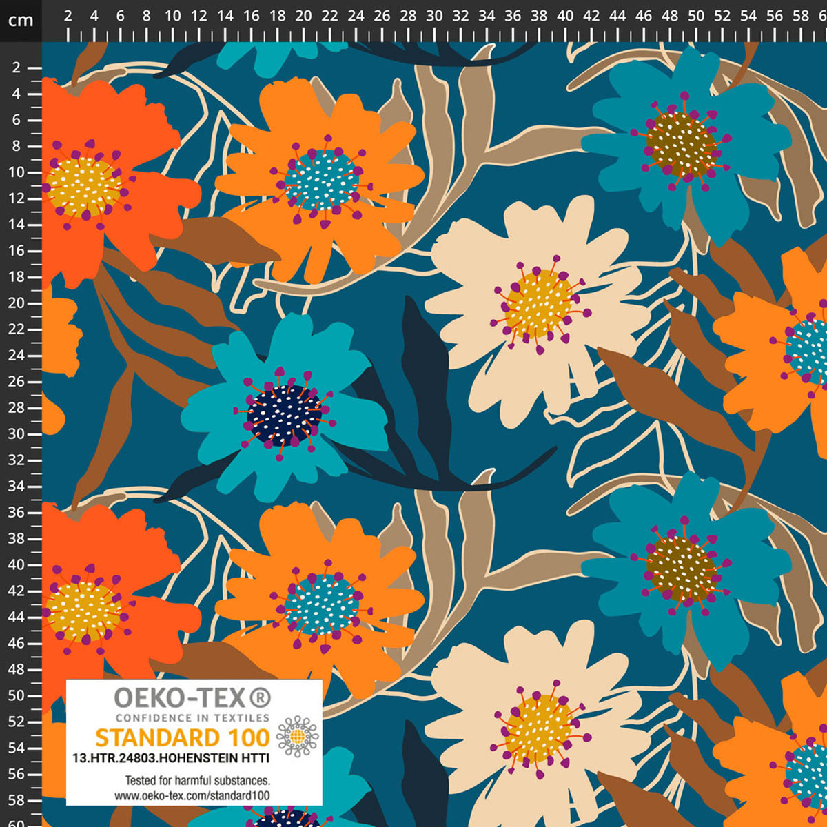 Orange and Teal Multi Flowers | Avalana Jersey | Stof Fabrics 19-1617