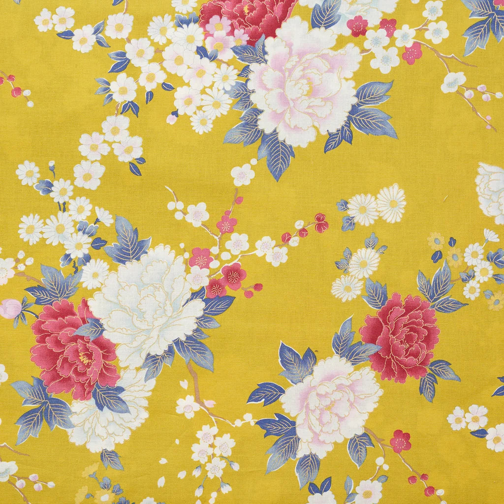 Japanese Peony Prints Cotton Sheeting - Yellow