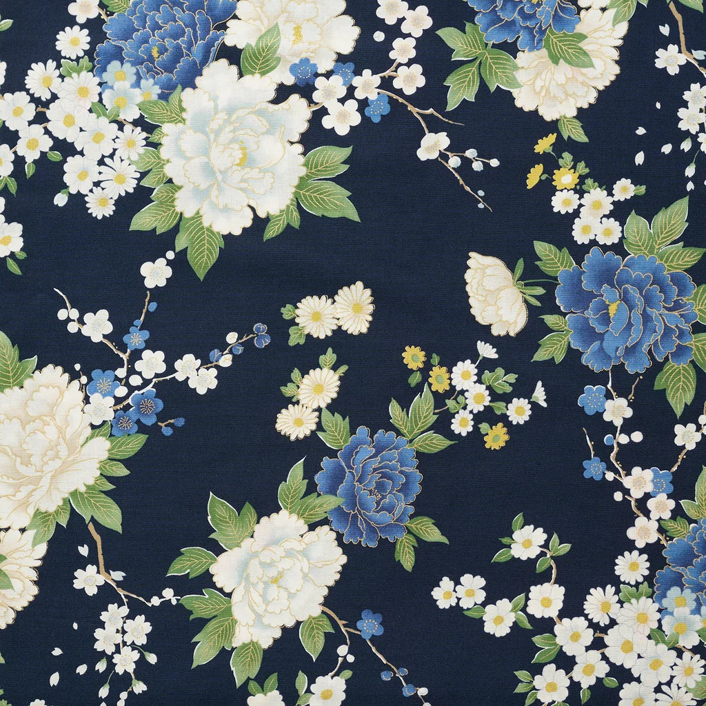 Japanese Peony Prints Cotton Sheeting - Navy