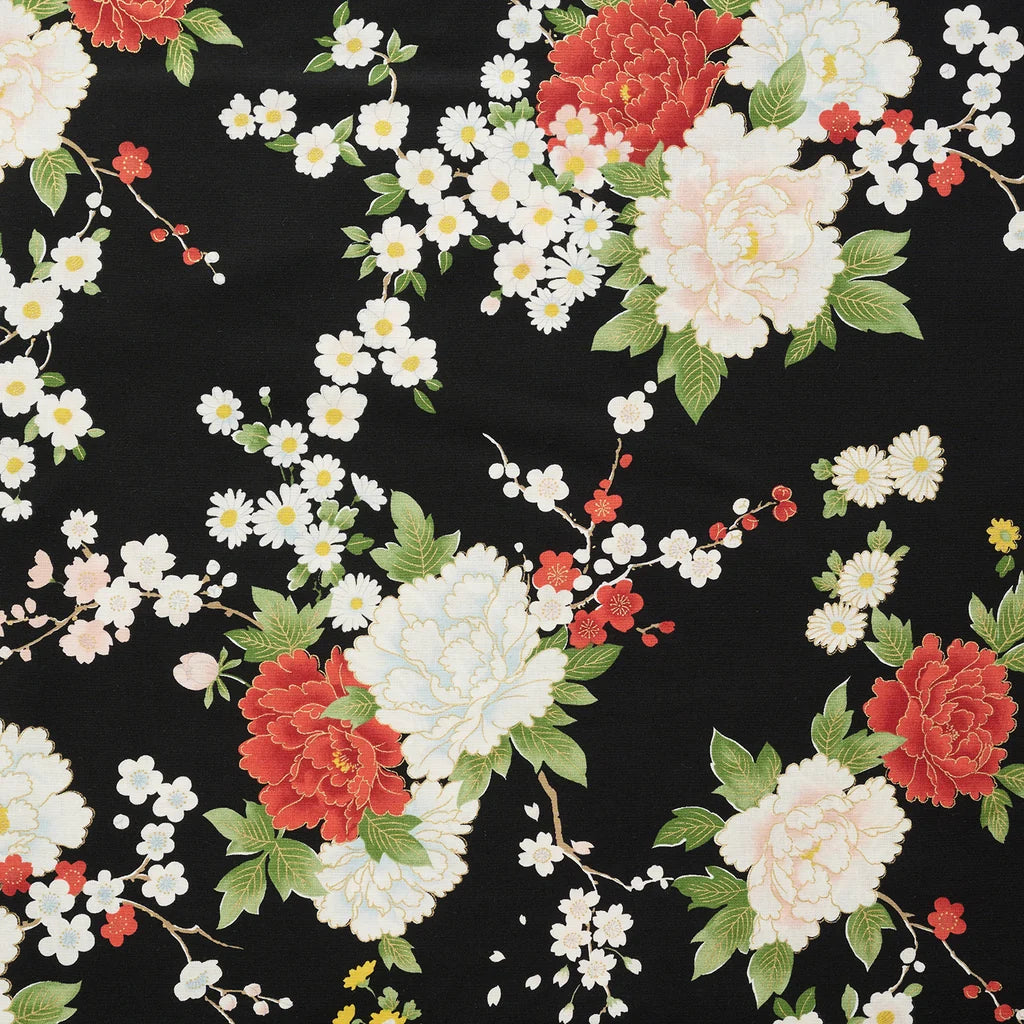 Japanese Peony Prints Cotton Sheeting - Black