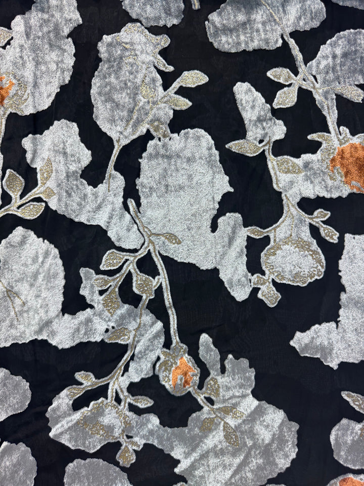 Black with Silver Flowers | Silk Burnout Velvet