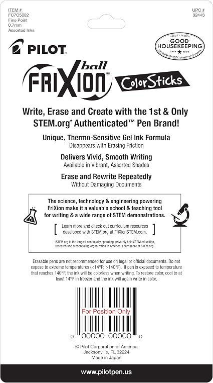 Pilot FriXion ColorSticks Erasable Gel Ink Pens Pack of 5