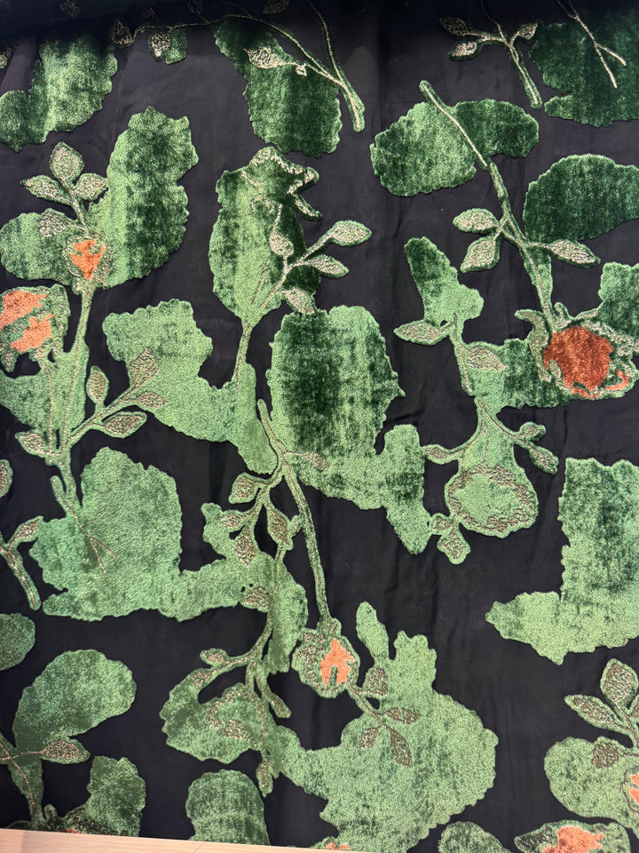 Black with Green Flowers | Silk Burnout Velvet