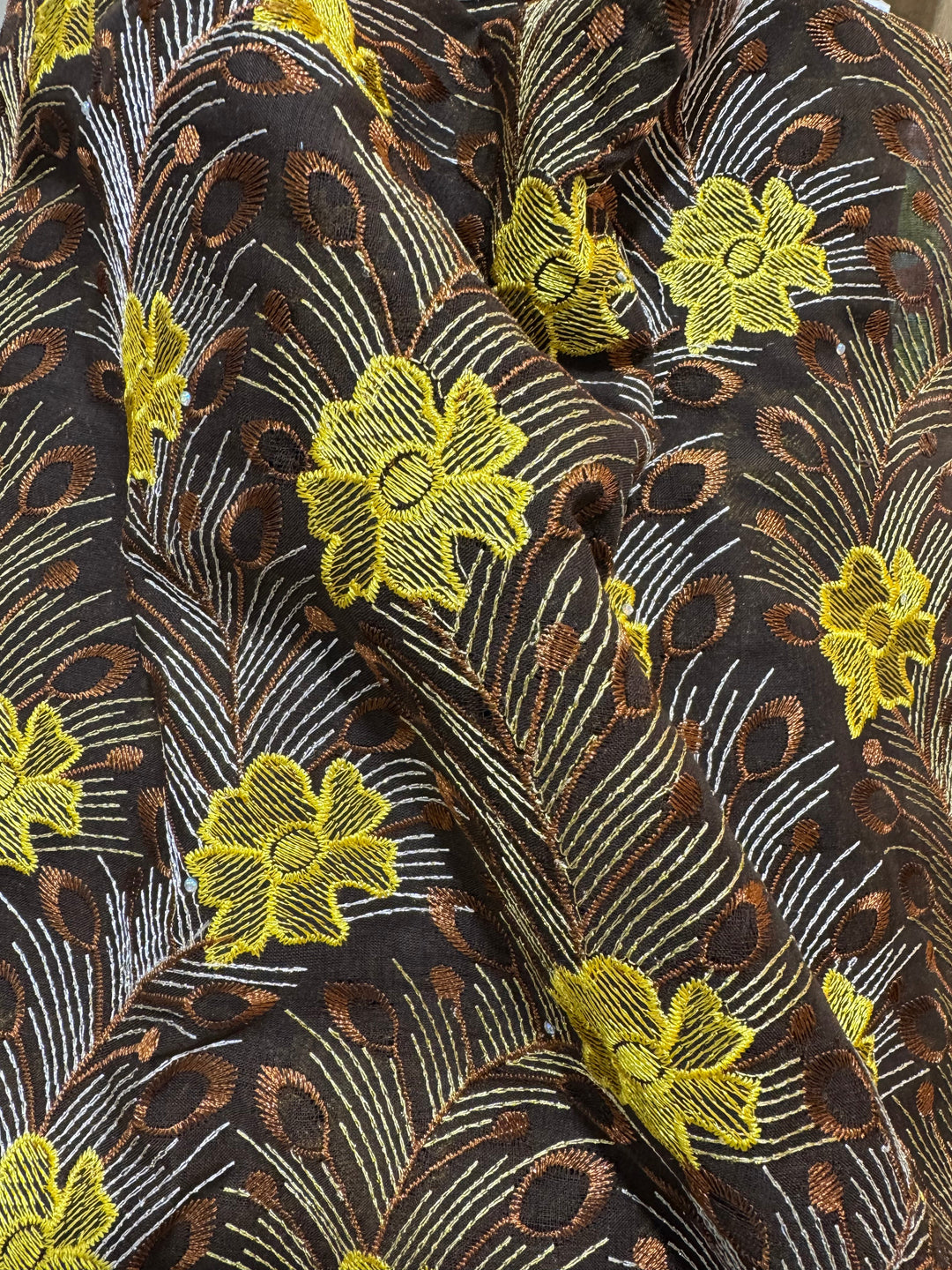 African Lace with Embroidered Flowers and Rhinestones - Brown and Yellow