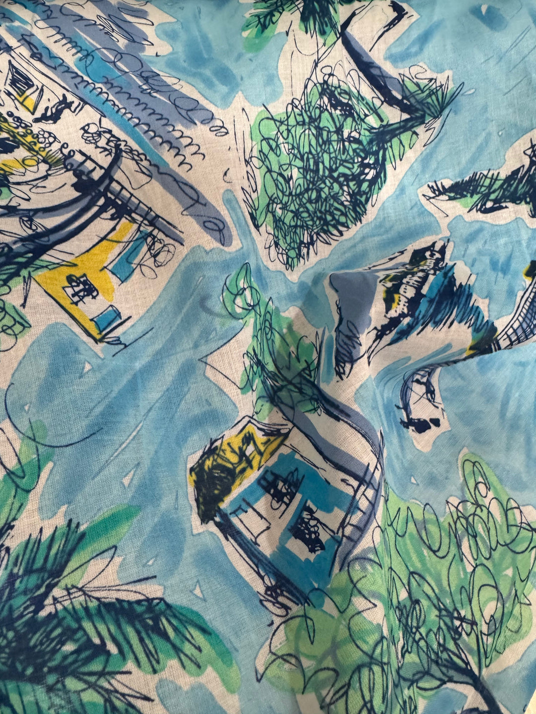 Cotton Lawn - Blue with Abstract Buildings