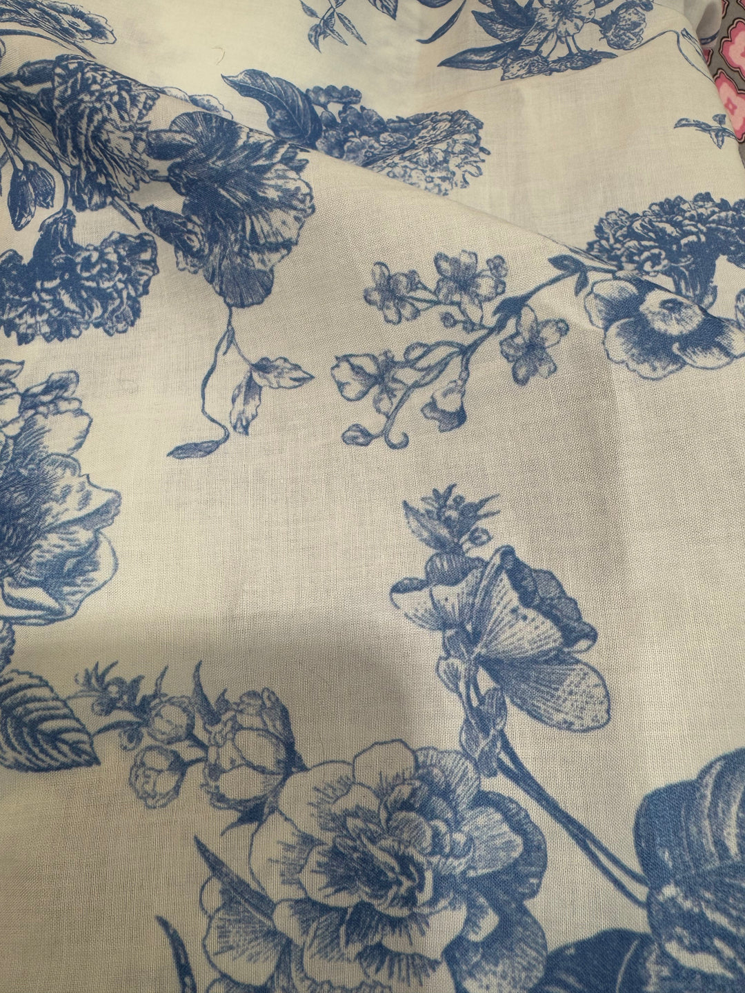 Cotton Lawn - White with Blue Flowers
