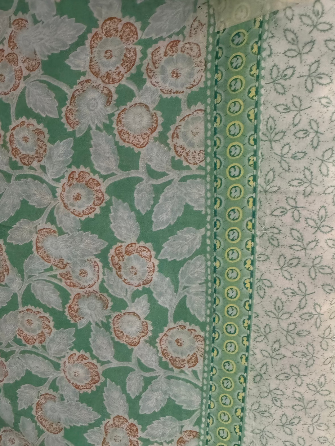 Cotton Fabric - Light Green with White Flowers