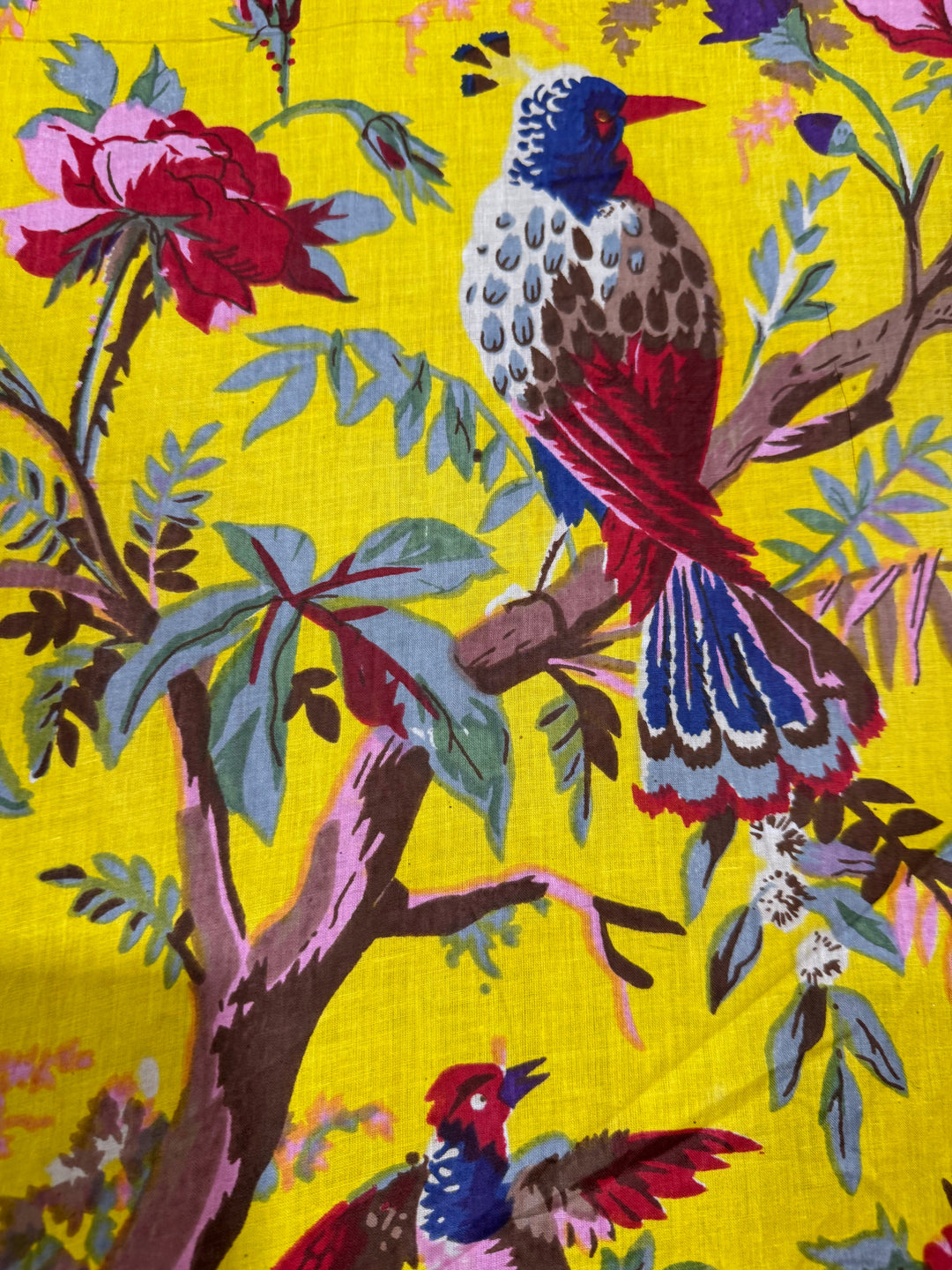 Cotton Fabric - Yellow with Birds on Flowering Tree