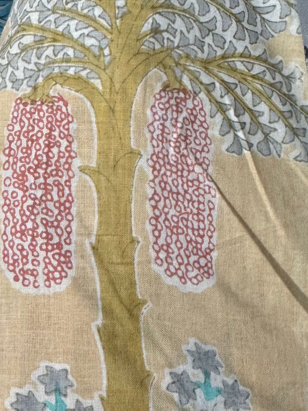 Cotton Fabric - Beige with Tree and Flower Designs