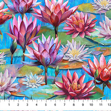 Tossed Lotus in Blue Multi | Tim Parker | Lotus| Price Per panel