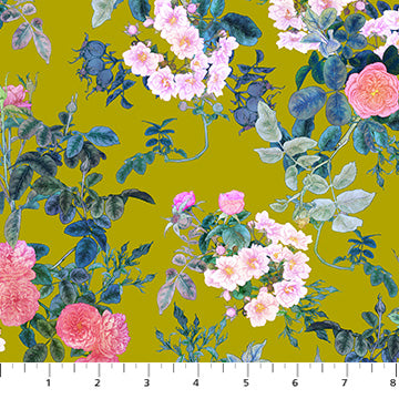 Rose Blossoms in Chartreuse | Rosa | by Adriana Picker |  Figo Fabrics