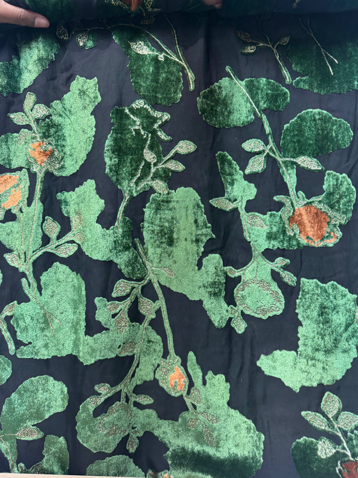 Black with Green Flowers | Silk Burnout Velvet