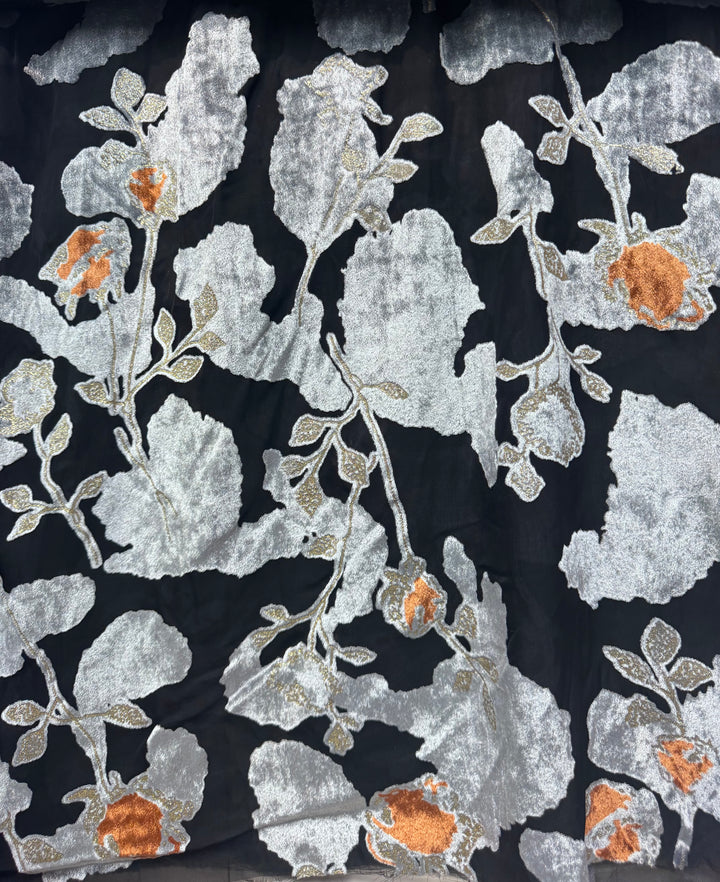 Black with Silver Flowers | Silk Burnout Velvet