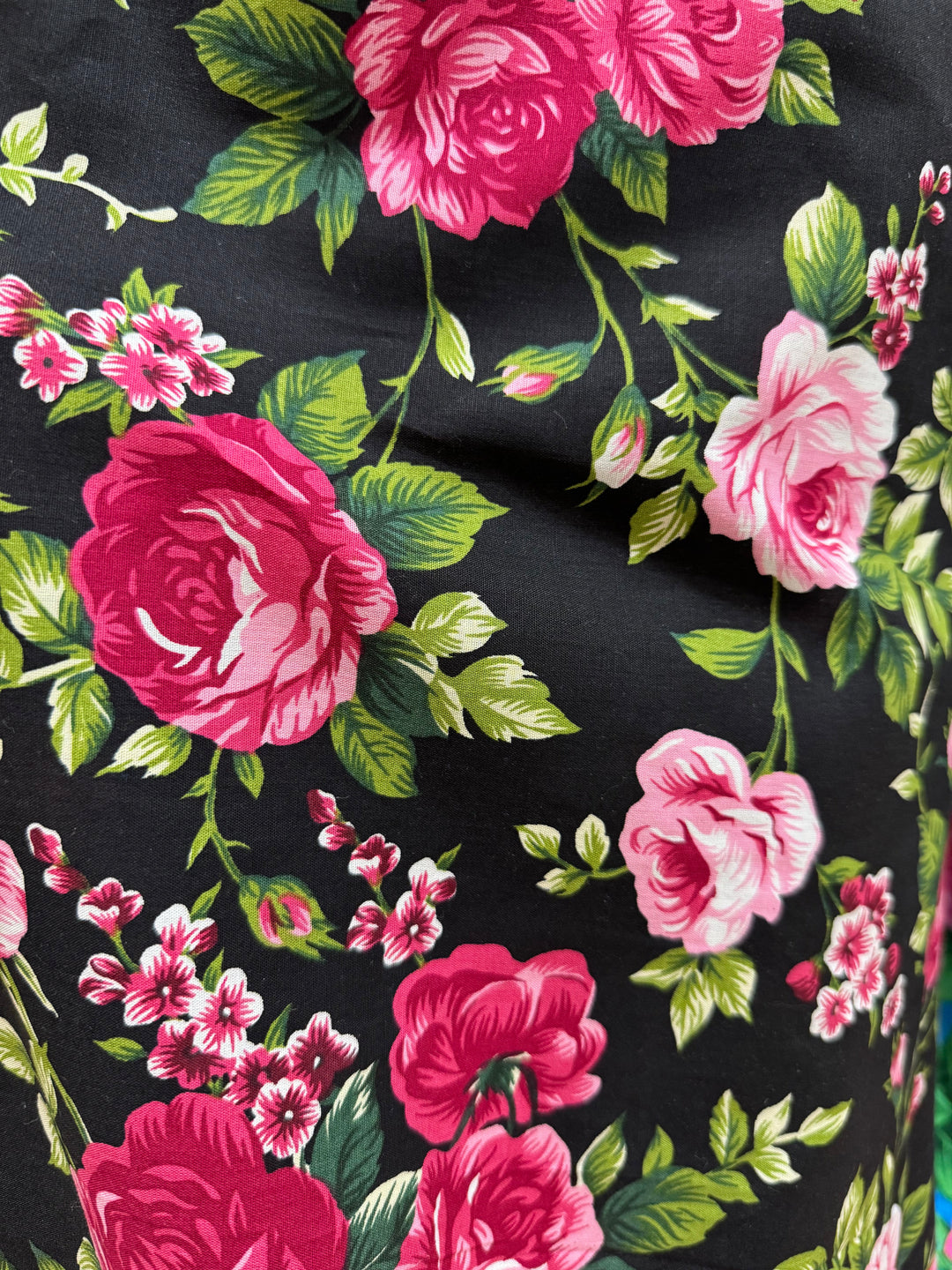 Fine Cotton Fabric - Black with Pink Flowers