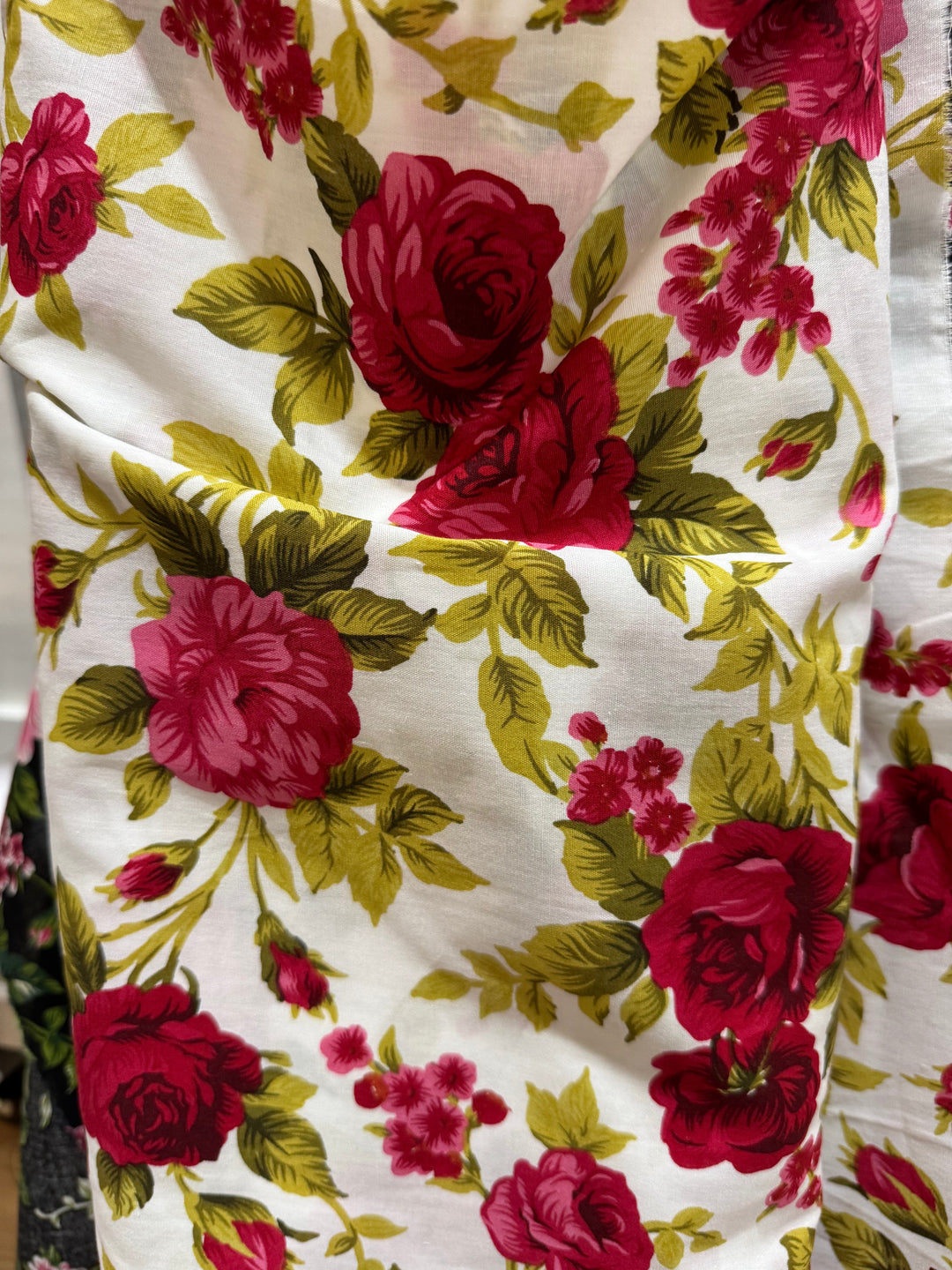 Fine Cotton Fabric - White with Fuchsia Flowers