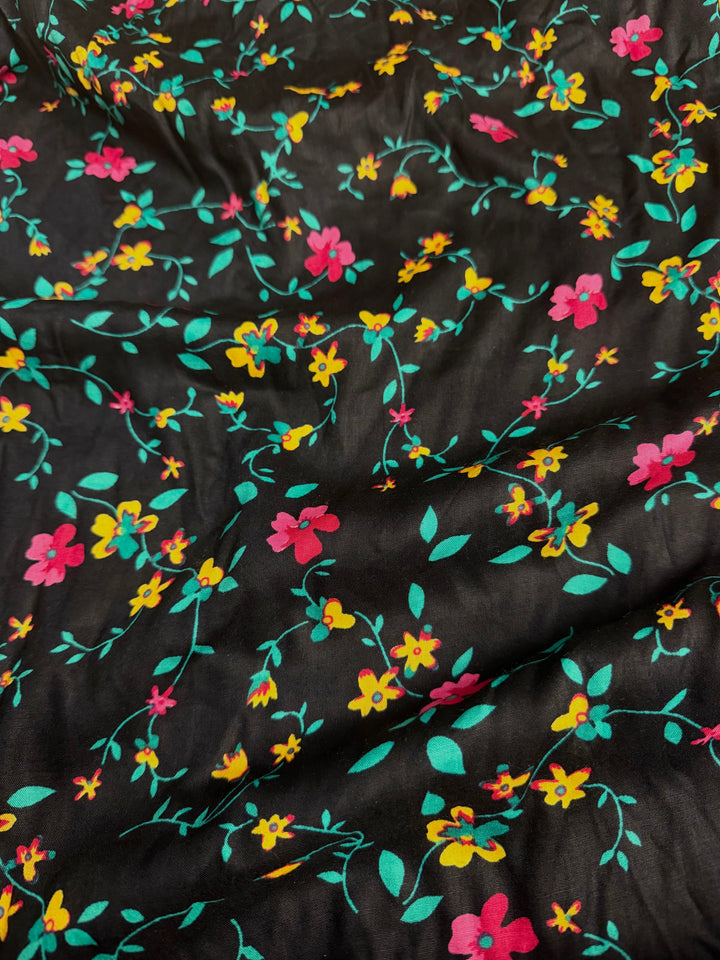 Black with Pink/Orange Floral | Cotton Lawn