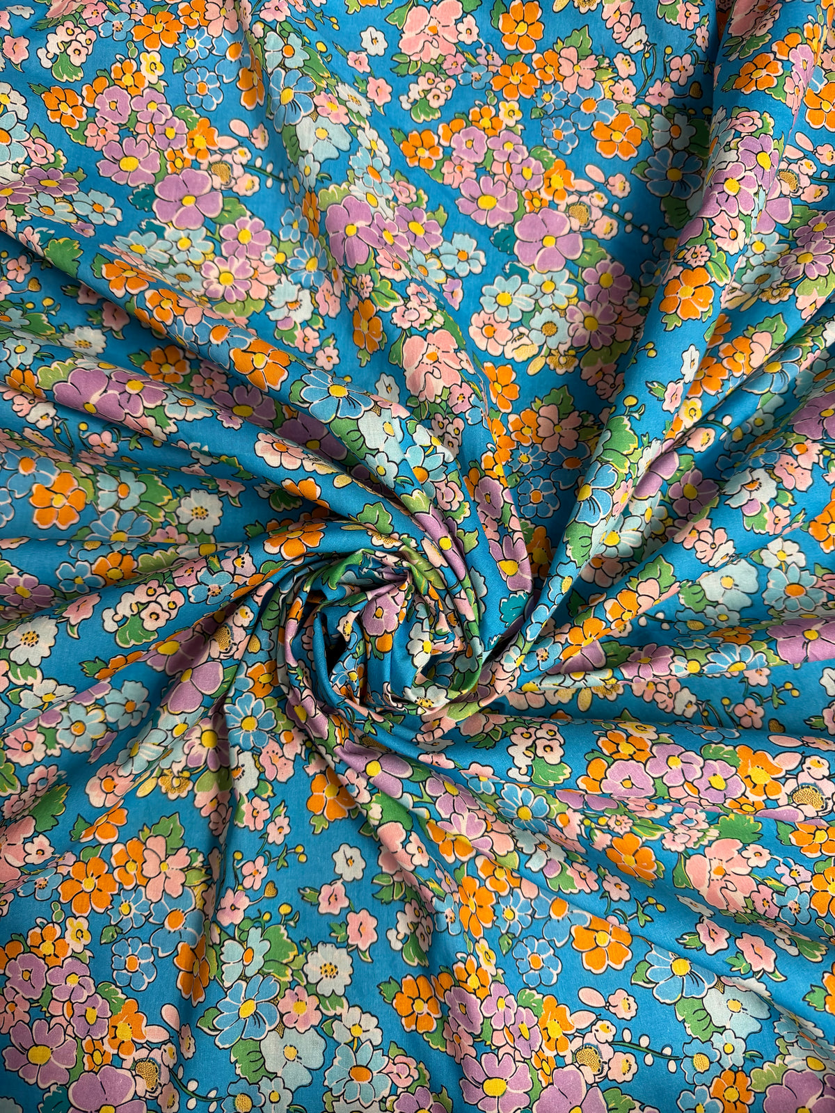 Blue with Pink/Orange/Purple Floral Lawn | Liberty Cotton