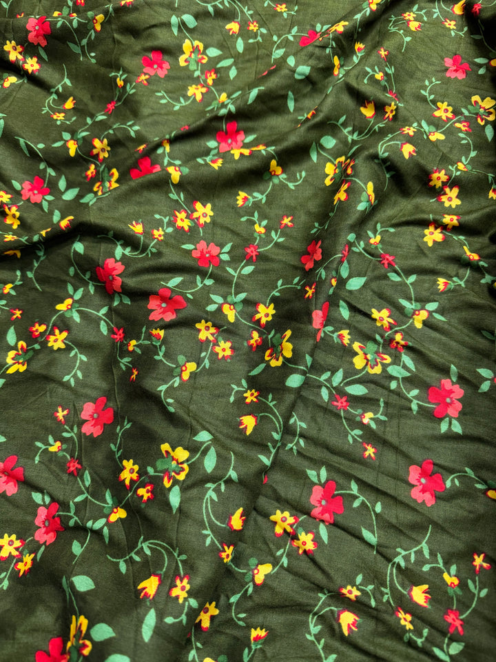 Olive Green with Red/Orange Floral | Liberty Cotton