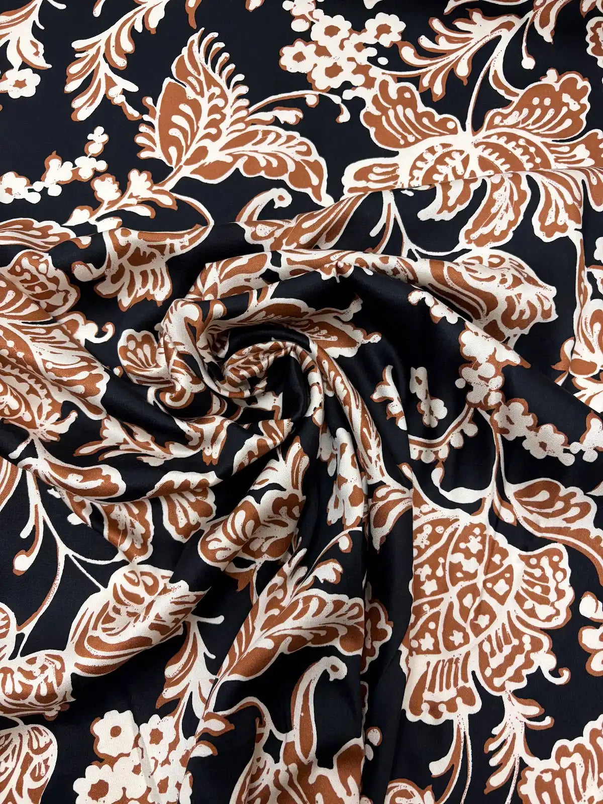 Brown and Cream Floral on Black | Viscose | Made in Italy