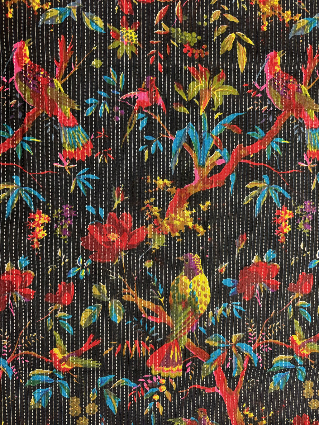 Black with Tropical Birds and Floral | Kantha Cotton