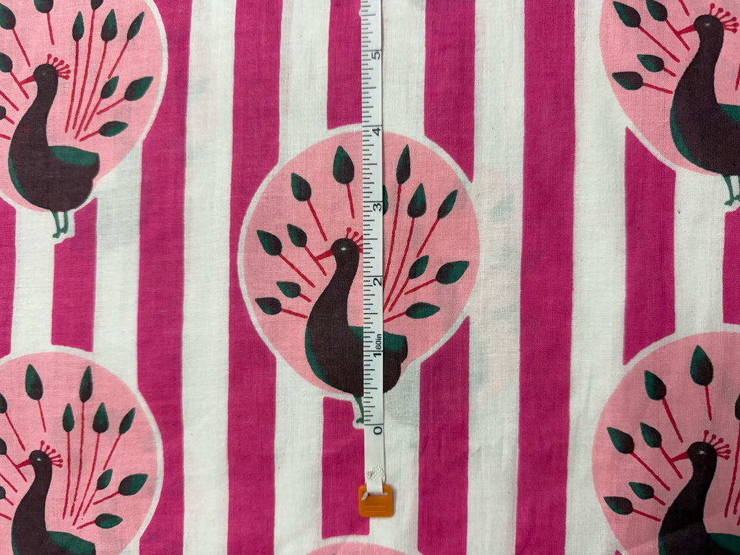 Pink Stripe Peacock Print | Cotton