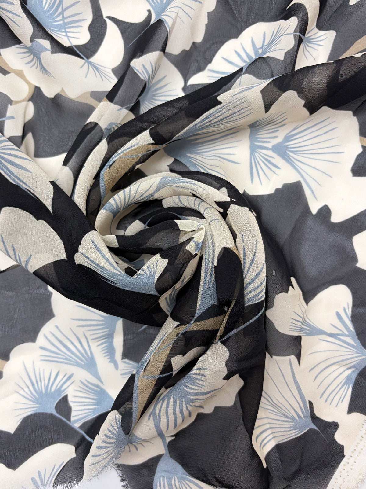 Black with Blue and White Ginko | Silk Chiffon