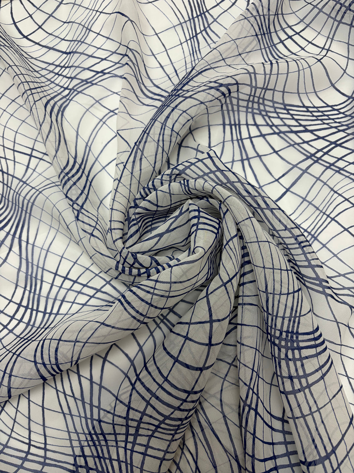 Blue Inked Fishnet on White | Silk Chiffon