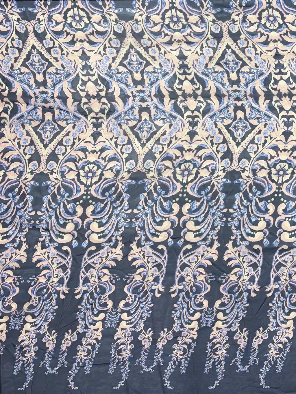 Pink Scroll Print on Navy Blue | Silk Chiffon
