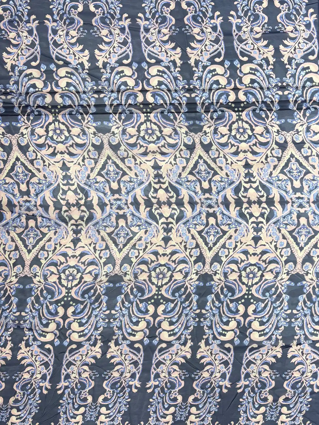 Pink Scroll Print on Navy Blue | Silk Chiffon