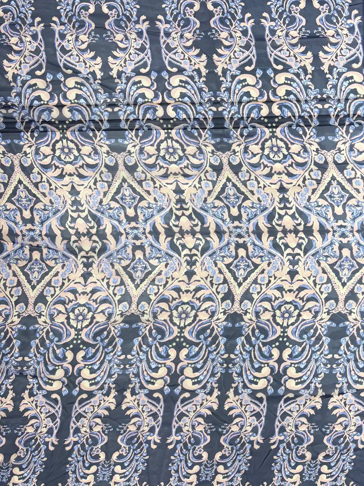 Pink Scroll Print on Navy Blue | Silk Chiffon