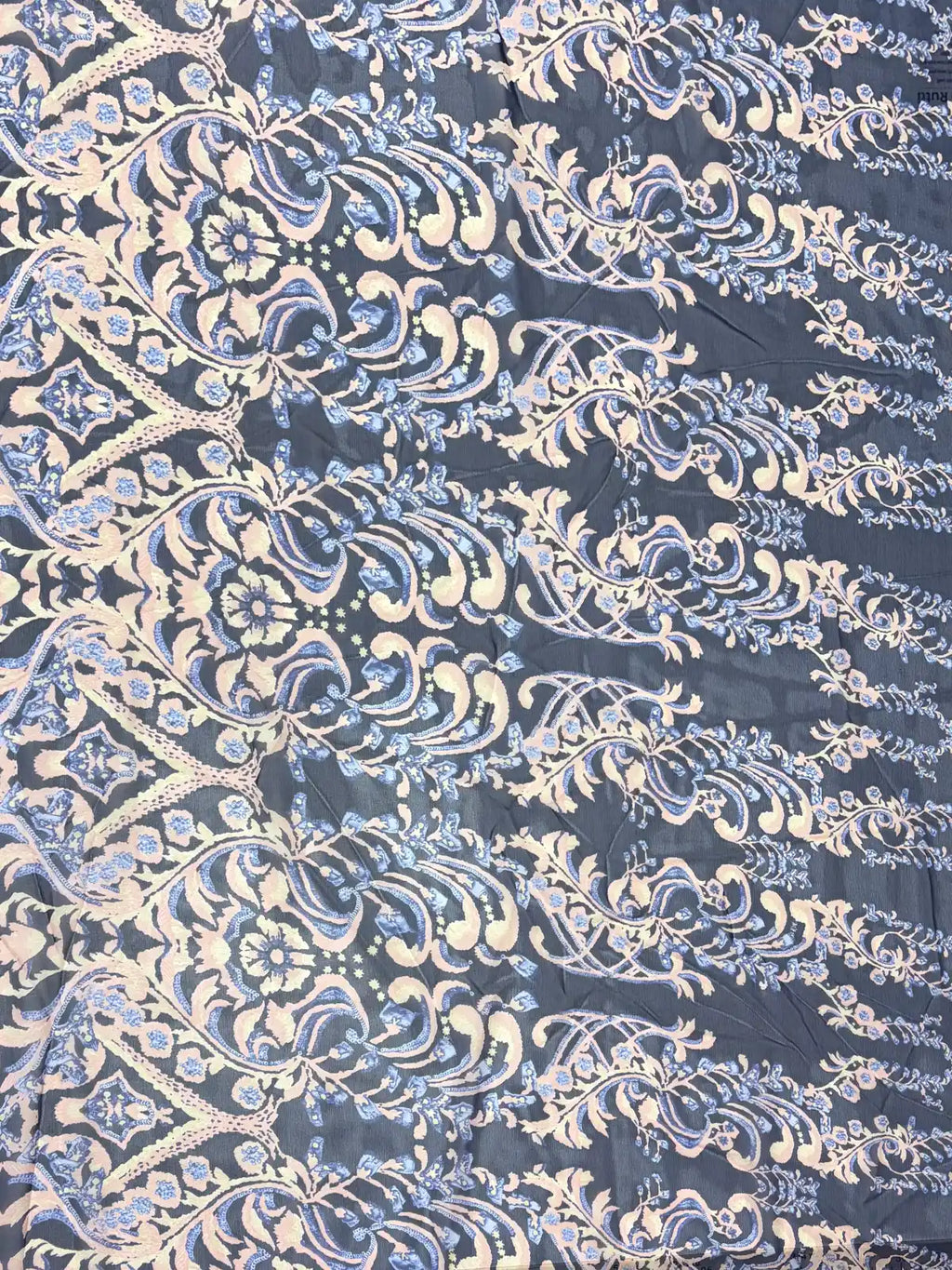 Pink Scroll Print on Navy Blue | Silk Chiffon