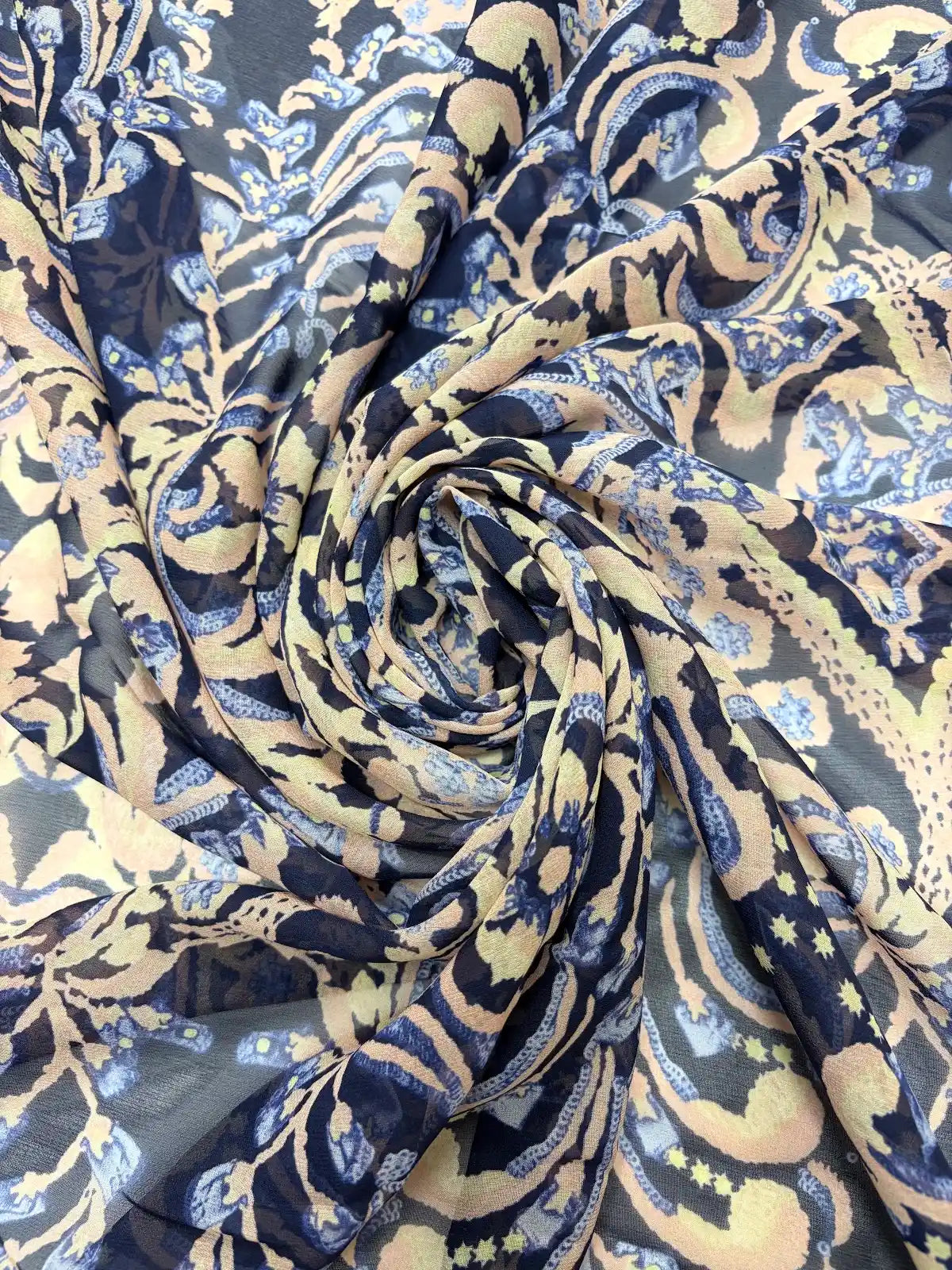 Pink Scroll Print on Navy Blue | Silk Chiffon