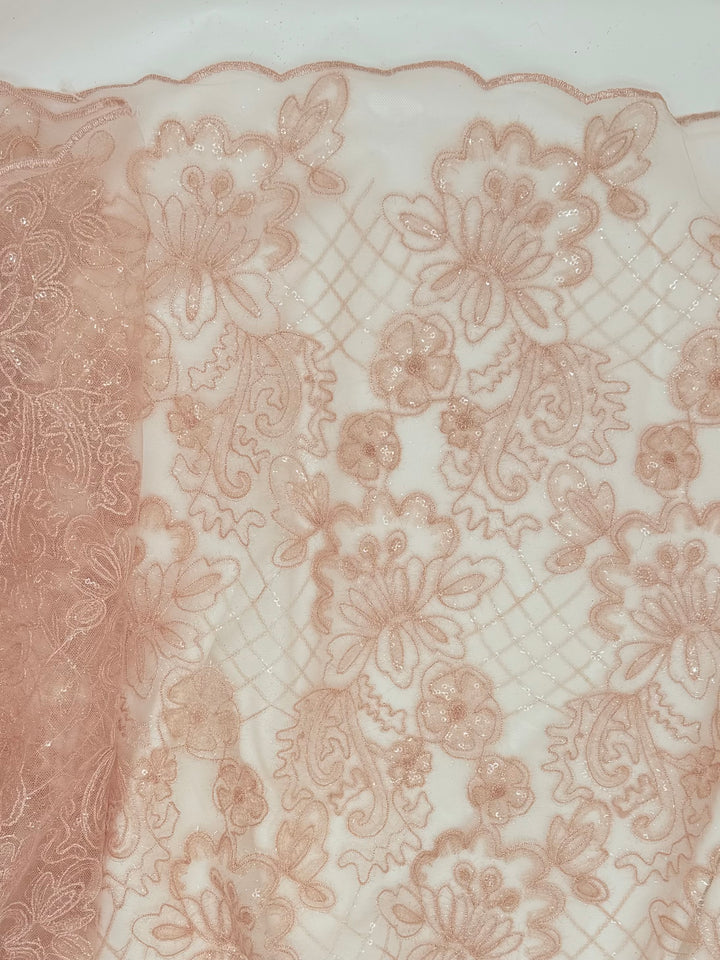 Blush Pink Florals | Embroidered Beaded Tulle