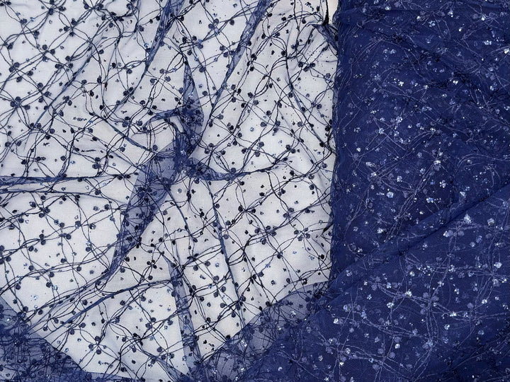 Navy Blue Lace | Embroidered Beaded Tulle