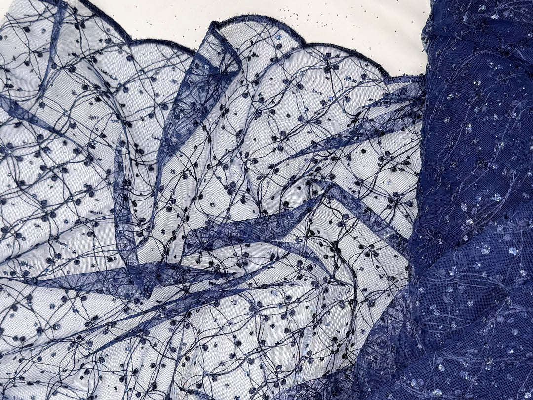 Navy Blue Lace | Embroidered Beaded Tulle