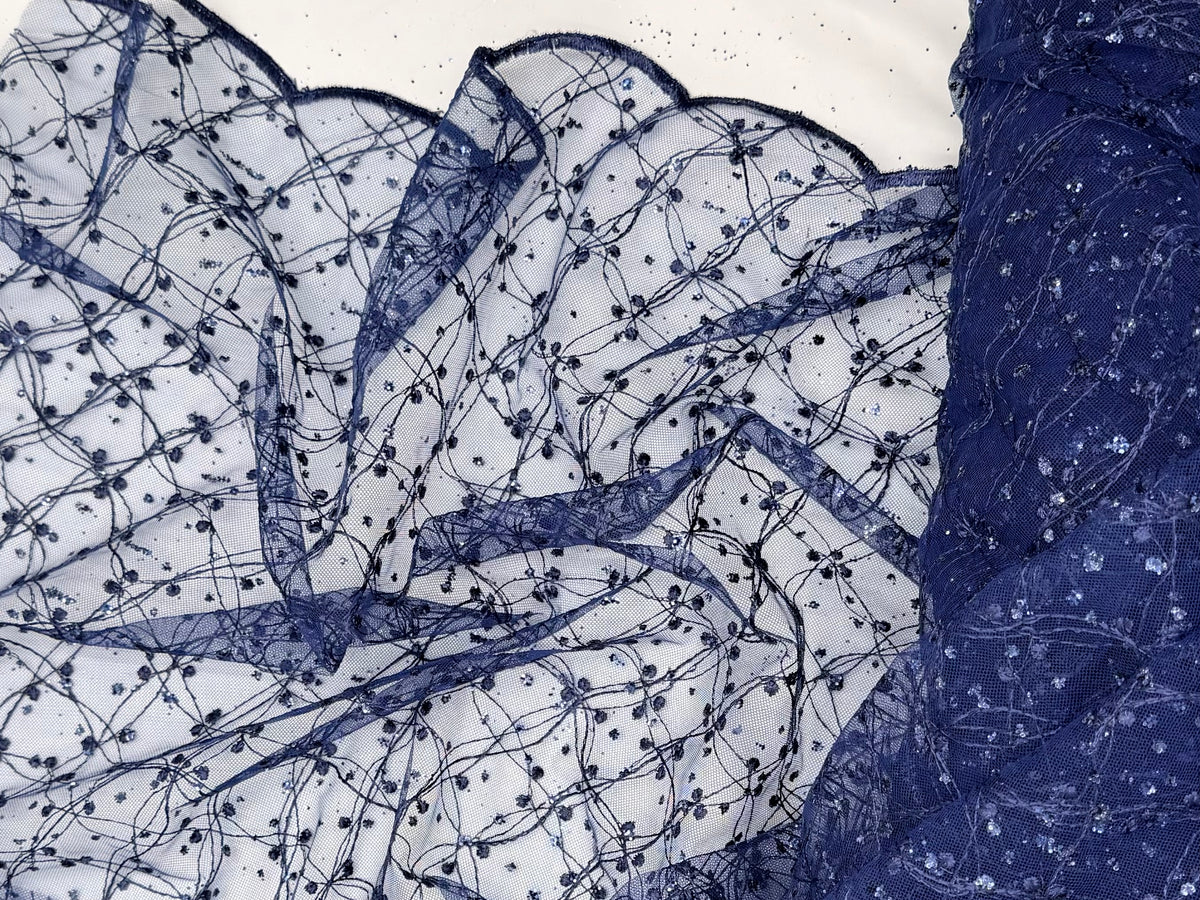 Navy Blue Lace | Embroidered Beaded Tulle