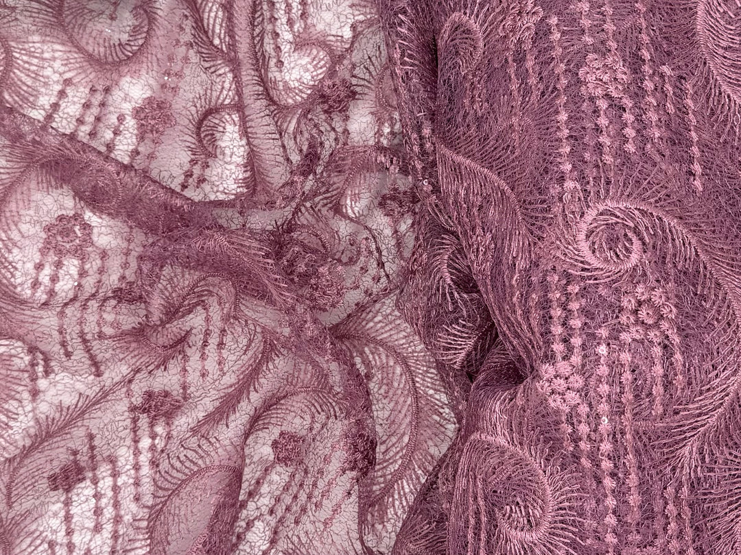 Plum Feather design Lace | Embroidered Beaded Tulle