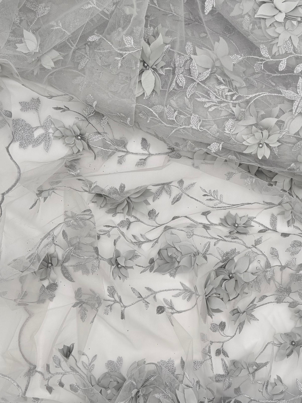 Silver Floral Lace | Embroidered Pearl Tulle