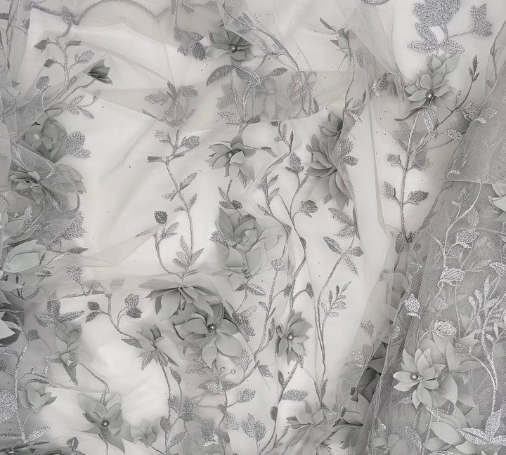 Silver Floral Lace | Embroidered Pearl Tulle