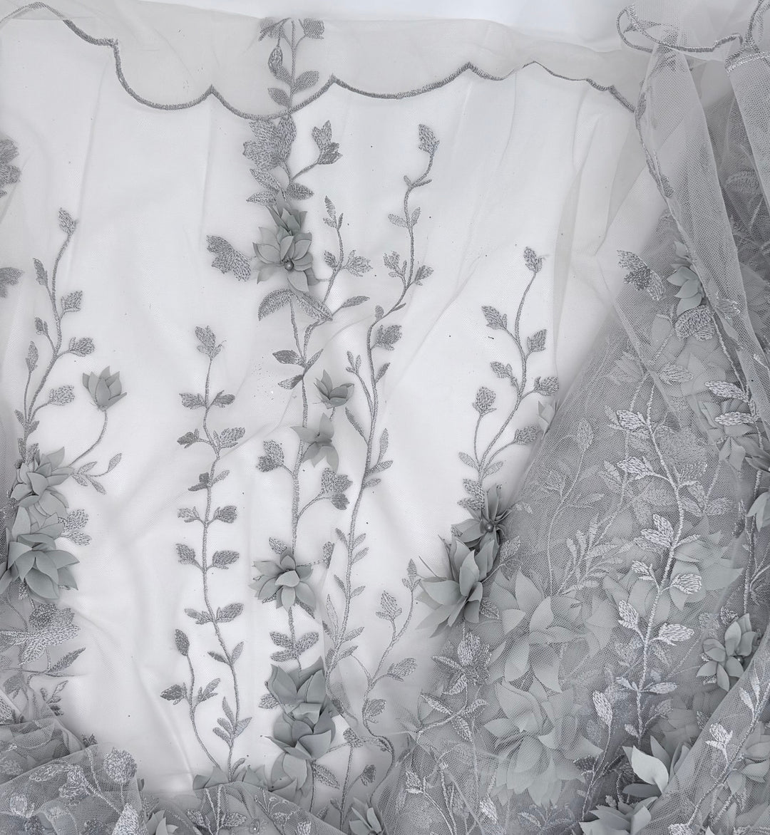 Silver Floral Lace | Embroidered Pearl Tulle