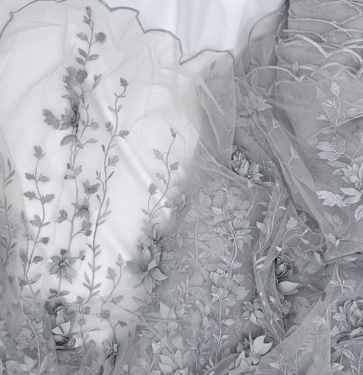Silver Floral Lace | Embroidered Pearl Tulle