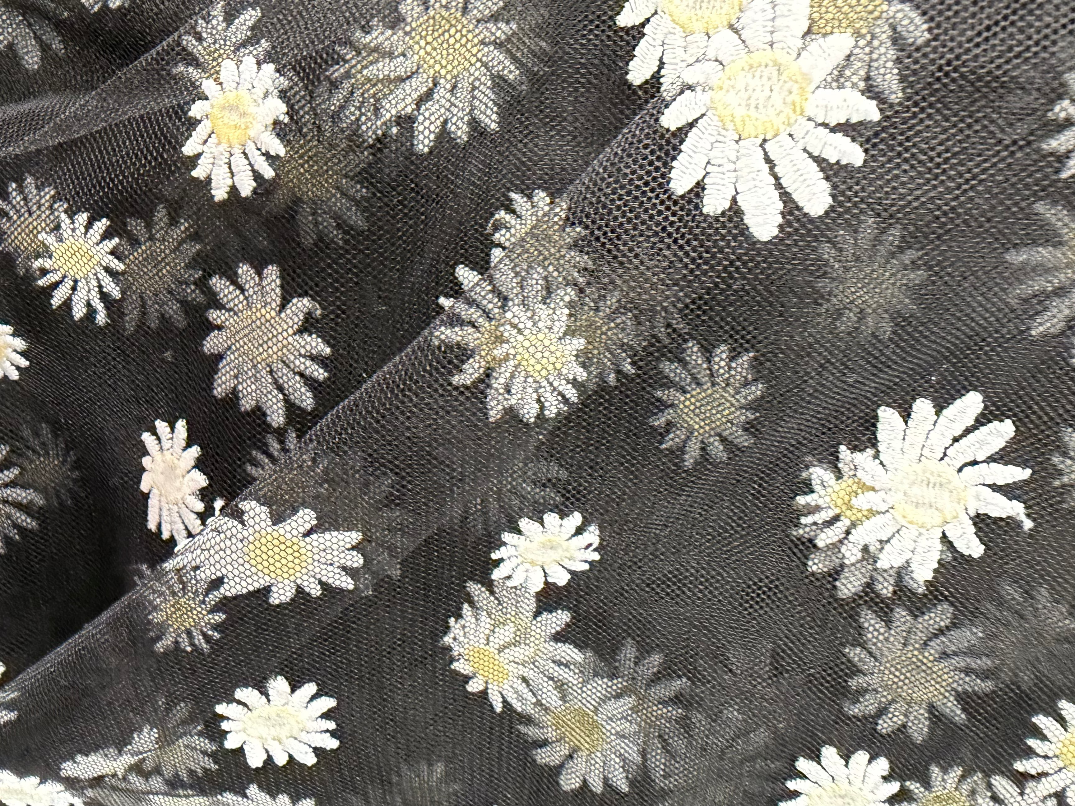 Black embroidered Daisies on Mesh
