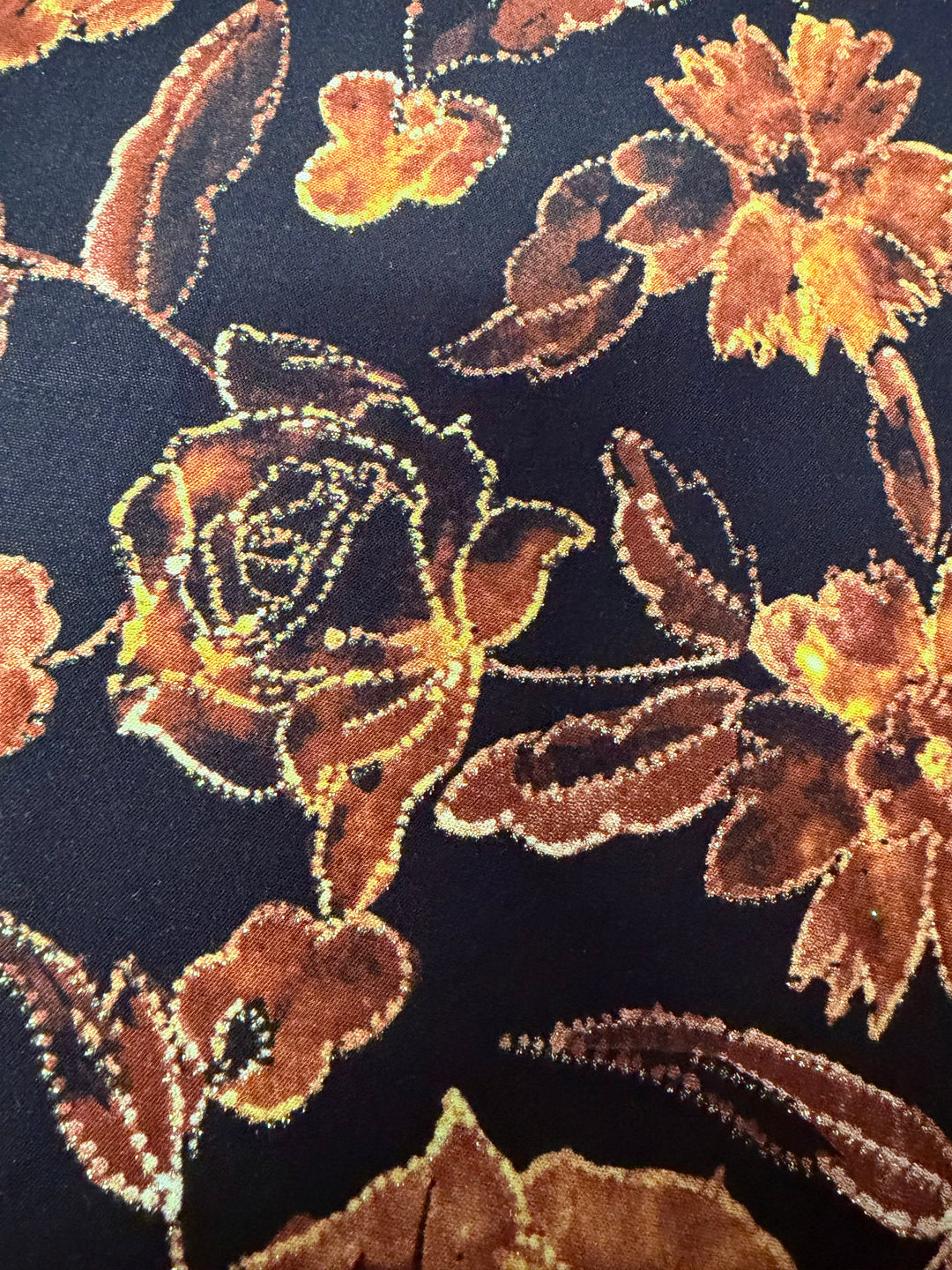 Black Brown Large Floral Foil  | Interlock Knit