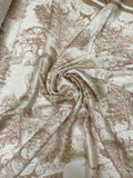 Brown and White Nature Toile Print with Stripe Border | Viscose| | Made in Italy