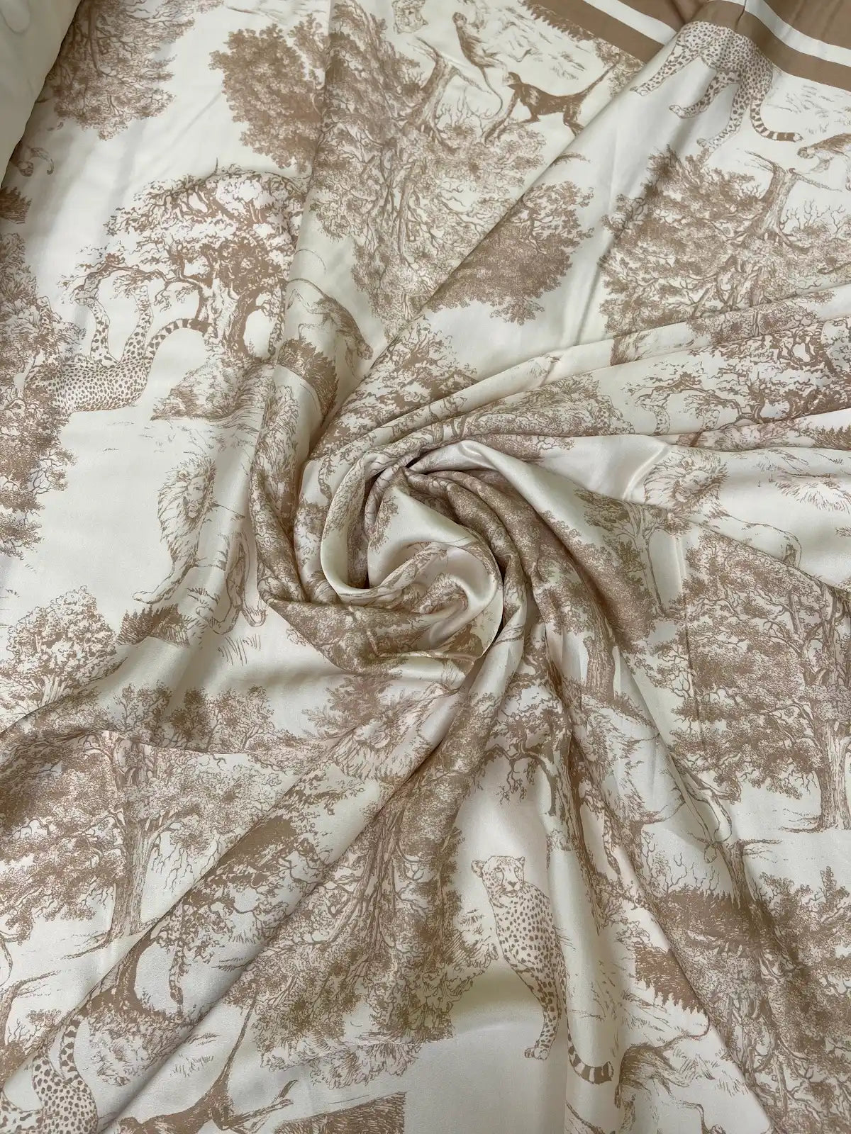 Brown and White Nature Toile Print with Stripe Border | Viscose| | Made in Italy