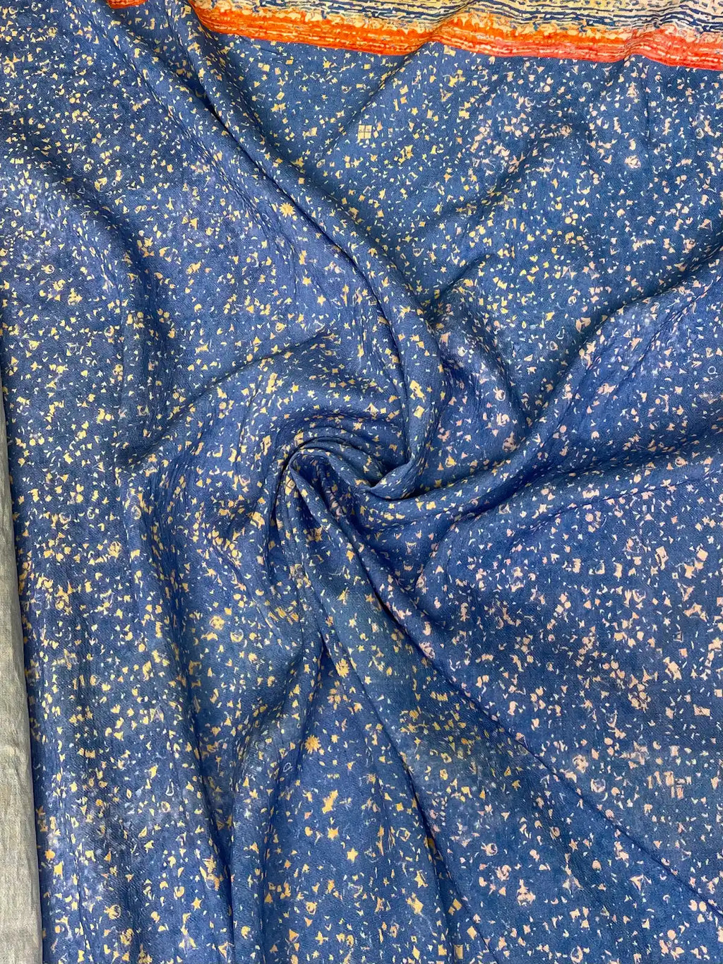 Blue Speckled Print with Orange Border Stripe | Viscose | Made in Italy